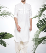 Men's white cotton blend pathani suit set