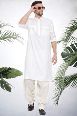 Men's white cotton blend pathani suit set 2