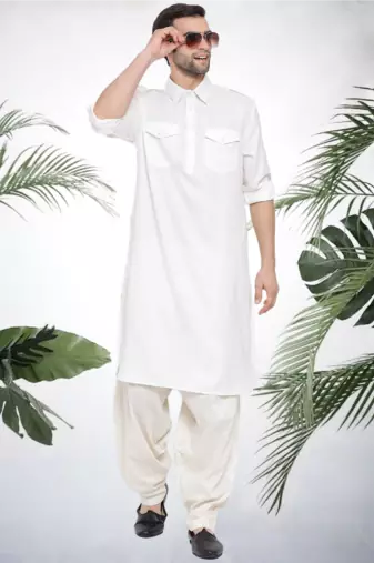 Men's white cotton blend pathani suit set