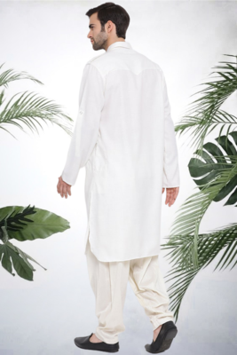 Men's white cotton blend pathani suit set 3