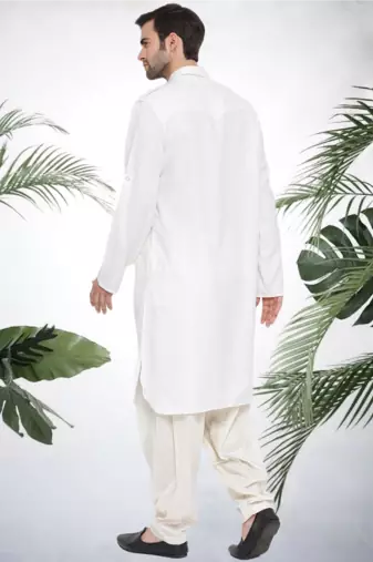 Men's white cotton blend pathani suit set