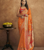 KORAM ORANGE PAITHANI SILK COPPER ZARI WEAWING MOTIFS AND RICH ZARI SAREE WITH BLOUSE FOR WOMEN