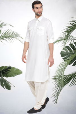 Men's white cotton blend pathani suit set 5