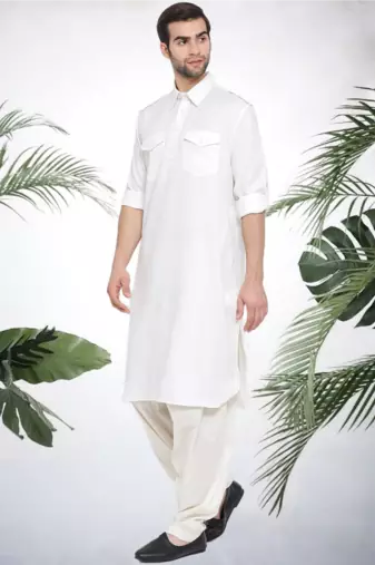 Men's white cotton blend pathani suit set