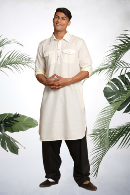 Men's cream cotton blend pathani suit set 1