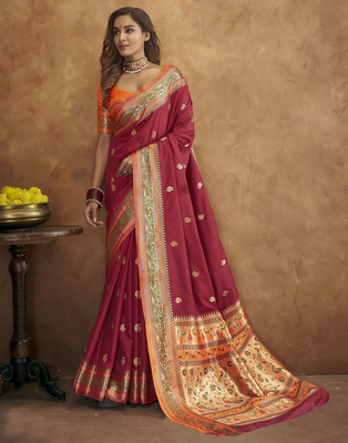 KORAM MAROON PAITHANI SILK COPPER ZARI WEAWING MOTIFS AND RICH ZARI SAREE WITH BLOUSE FOR WOMEN 1