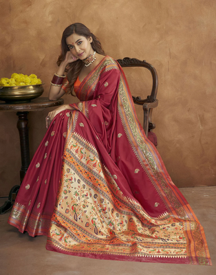 KORAM MAROON PAITHANI SILK COPPER ZARI WEAWING MOTIFS AND RICH ZARI SAREE WITH BLOUSE FOR WOMEN 2