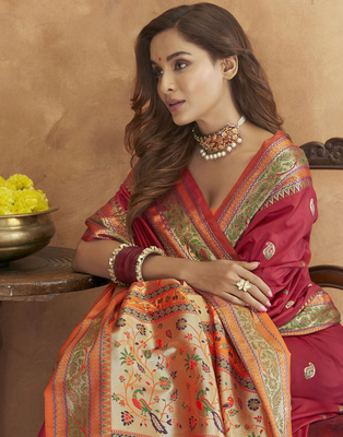 KORAM MAROON PAITHANI SILK COPPER ZARI WEAWING MOTIFS AND RICH ZARI SAREE WITH BLOUSE FOR WOMEN 4