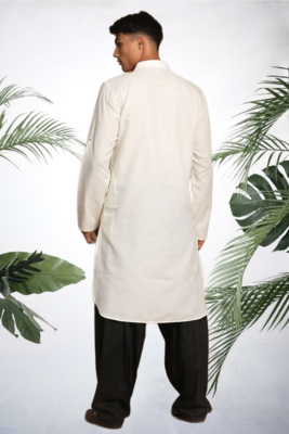 Men's cream cotton blend pathani suit set 3