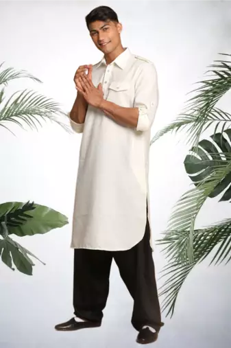 Men's cream cotton blend pathani suit set