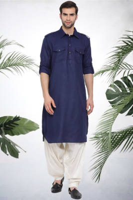 Men's navy blue cotton blend pathani suit set 1