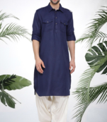 Men's navy blue cotton blend pathani suit set