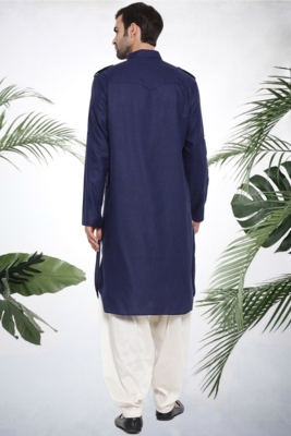 Men's navy blue cotton blend pathani suit set 2
