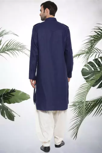 Men's navy blue cotton blend pathani suit set