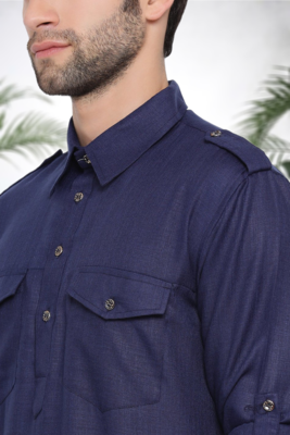 Men's navy blue cotton blend pathani suit set 3