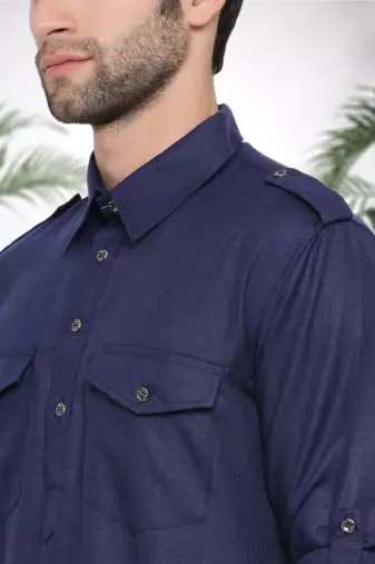 Men's navy blue cotton blend pathani suit set