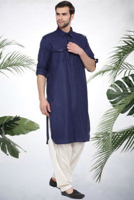 Men's navy blue cotton blend pathani suit set 4
