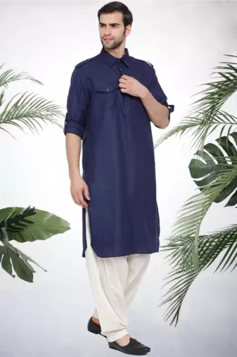 Men's navy blue cotton blend pathani suit set