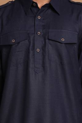 Men's navy blue cotton blend pathani suit set 1