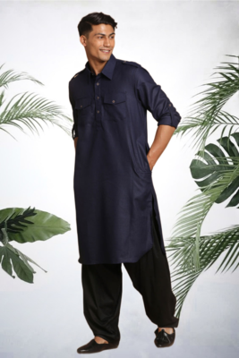 Men's navy blue cotton blend pathani suit set 2
