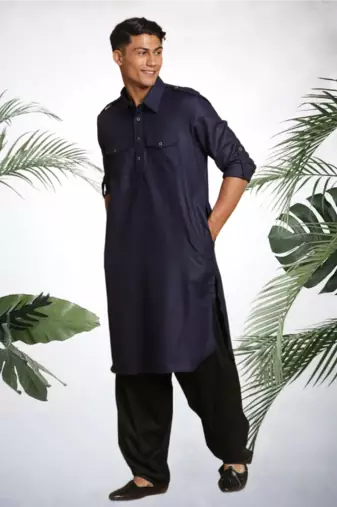 Men's navy blue cotton blend pathani suit set