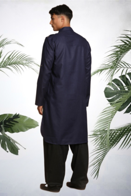 Men's navy blue cotton blend pathani suit set 3