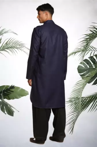 Men's navy blue cotton blend pathani suit set
