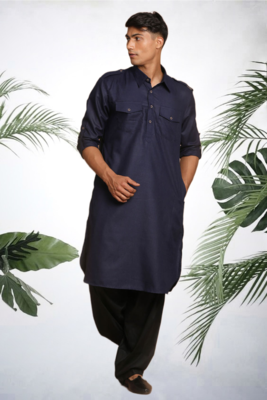 Men's navy blue cotton blend pathani suit set 4