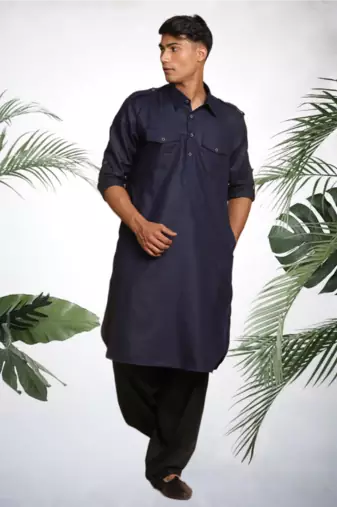 Men's navy blue cotton blend pathani suit set