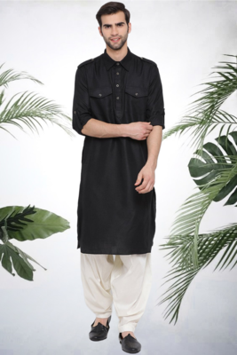 Men's black cotton blend pathani suit set 1