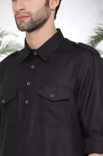 Men's black cotton blend pathani suit set