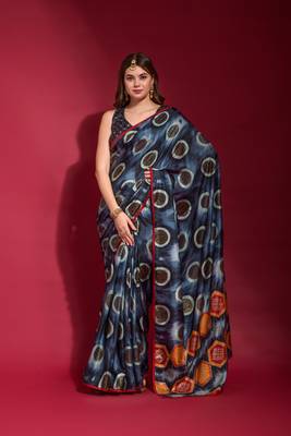 Navy Blue Emboss Foil Print with Piping Soft Silk Blend Saree with Blouse 1