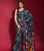 Navy Blue Emboss Foil Print with Piping Soft Silk Blend Saree with Blouse