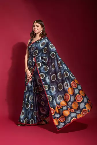 Navy Blue Emboss Foil Print with Piping Soft Silk Blend Saree with Blouse