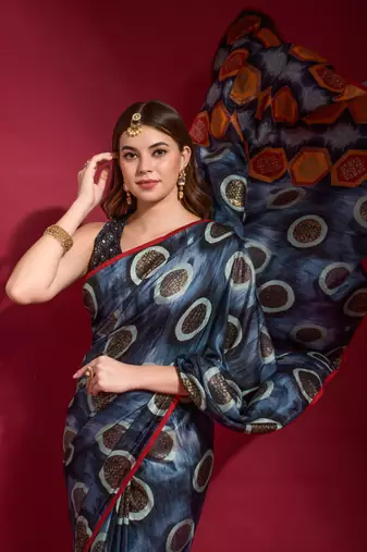 Navy Blue Emboss Foil Print with Piping Soft Silk Blend Saree with Blouse