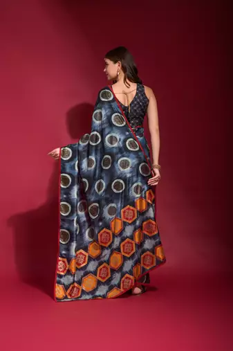 Navy Blue Emboss Foil Print with Piping Soft Silk Blend Saree with Blouse