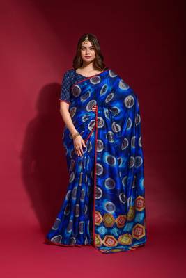 Royal Blue Emboss Foil Print with Piping Soft Silk Blend Saree with Blouse 1