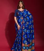 Royal Blue Emboss Foil Print with Piping Soft Silk Blend Saree with Blouse