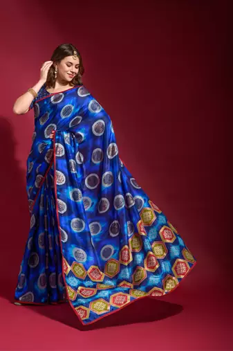 Royal Blue Emboss Foil Print with Piping Soft Silk Blend Saree with Blouse