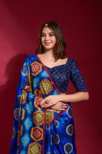 Royal Blue Emboss Foil Print with Piping Soft Silk Blend Saree with Blouse