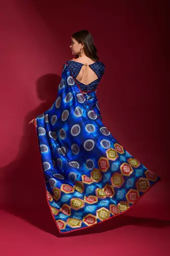Royal Blue Emboss Foil Print with Piping Soft Silk Blend Saree with Blouse