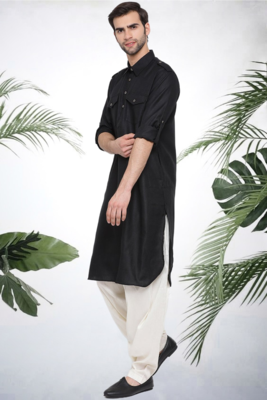 Men's black cotton blend pathani suit set 3