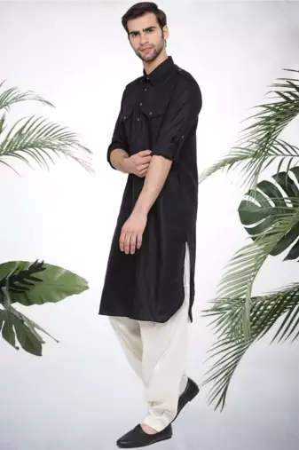 Men's black cotton blend pathani suit set