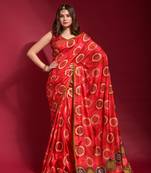 Red Emboss Foil Print with Piping Soft Silk Blend Saree with Blouse