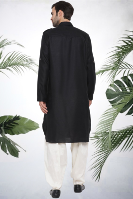 Men's black cotton blend pathani suit set 4