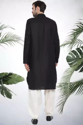 Men's black cotton blend pathani suit set