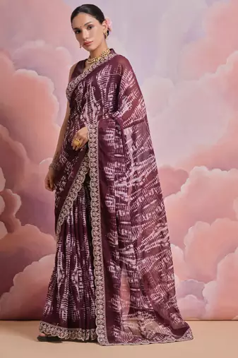 Wine Sequin with Zari Coding Georgette Saree with Blouse