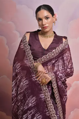 Wine Sequin with Zari Coding Georgette Saree with Blouse