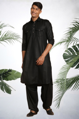 Men's black cotton blend pathani suit set 1