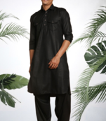 Men's black cotton blend pathani suit set